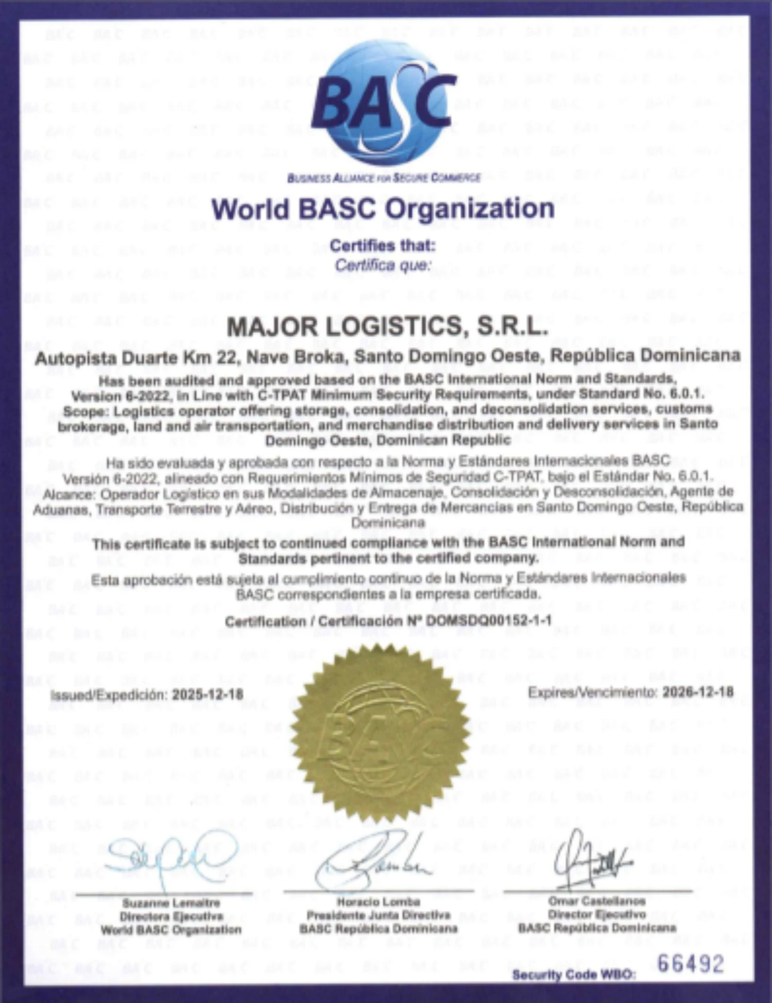 Certificado BASC - Major Logistics